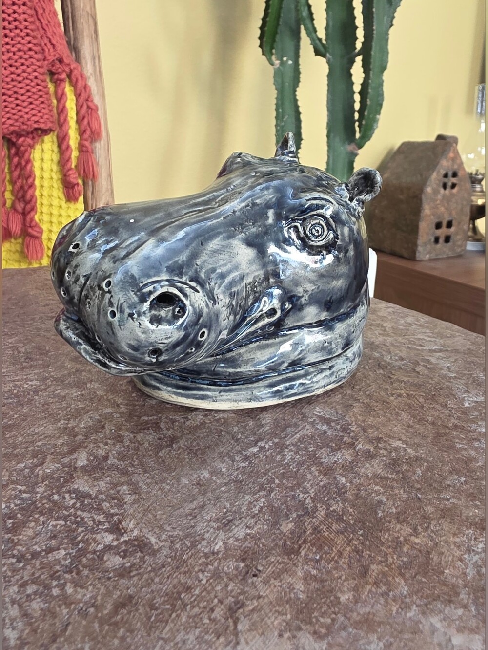 Vintage Studio Pottery Hippo Head Sculpture Signed S. Gusher
